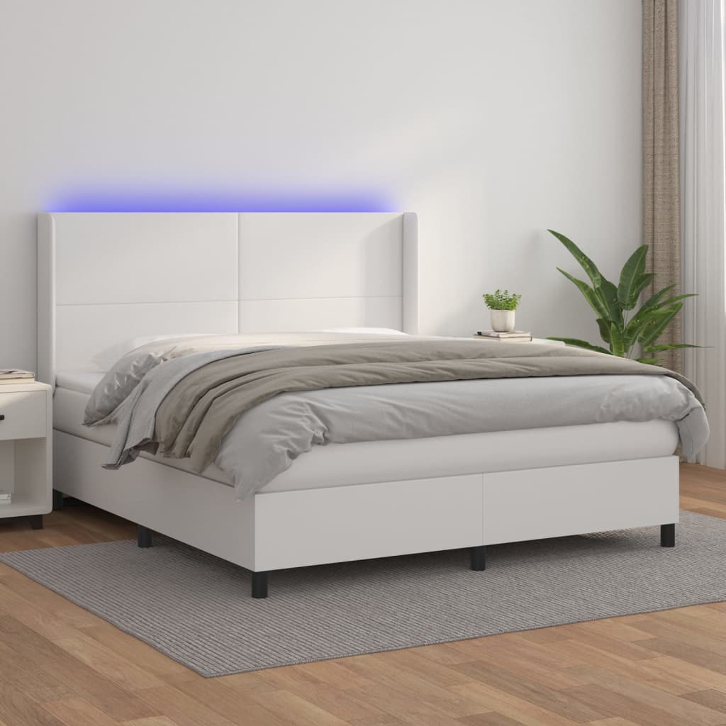 Κρεβάτι Boxspring με Στρώμα & LED Λευκό 160x200 εκ. Συνθ. Δέρμα