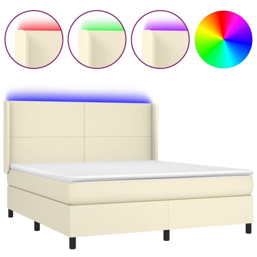 Κρεβάτι Boxspring με Στρώμα & LED Κρεμ 160x200 εκ. Συνθ. Δέρμα - Pakobazaar