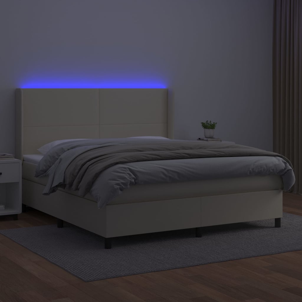 Κρεβάτι Boxspring με Στρώμα & LED Κρεμ 160x200 εκ. Συνθ. Δέρμα - Pakobazaar