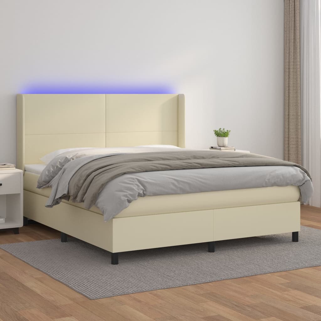 Κρεβάτι Boxspring με Στρώμα & LED Κρεμ 160x200 εκ. Συνθ. Δέρμα - Pakobazaar