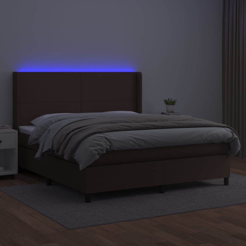 Κρεβάτι Boxspring με Στρώμα & LED Καφέ 160x200 εκ. Συνθ. Δέρμα