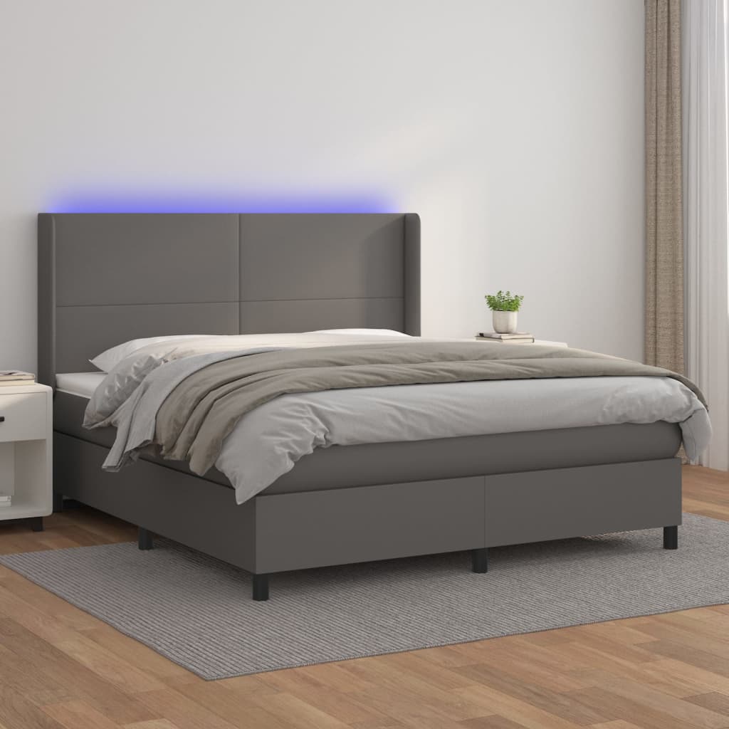 Κρεβάτι Boxspring με Στρώμα & LED Γκρι 160x200 εκ. Συνθ. Δέρμα