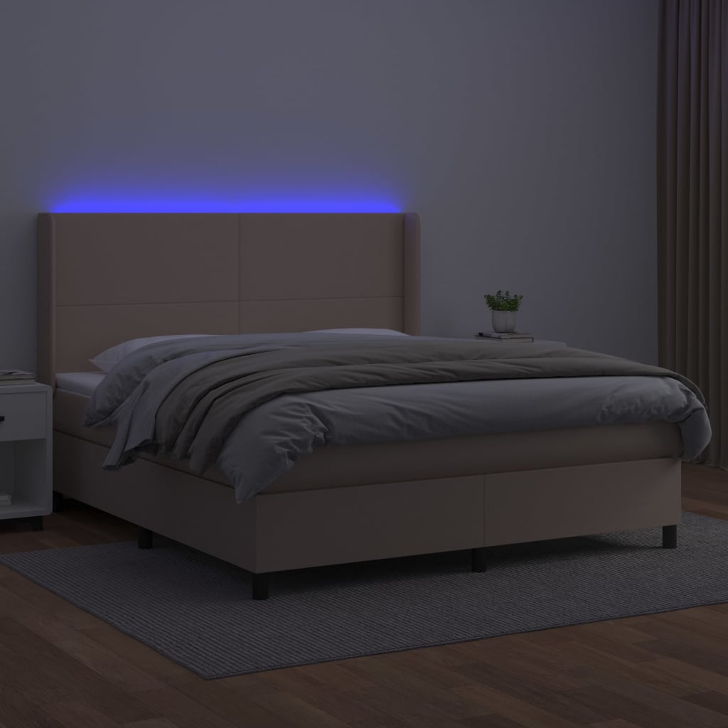 Κρεβάτι Boxspring Στρώμα&LED Καπουτσίνο 160x200 εκ. Συνθ. Δέρμα