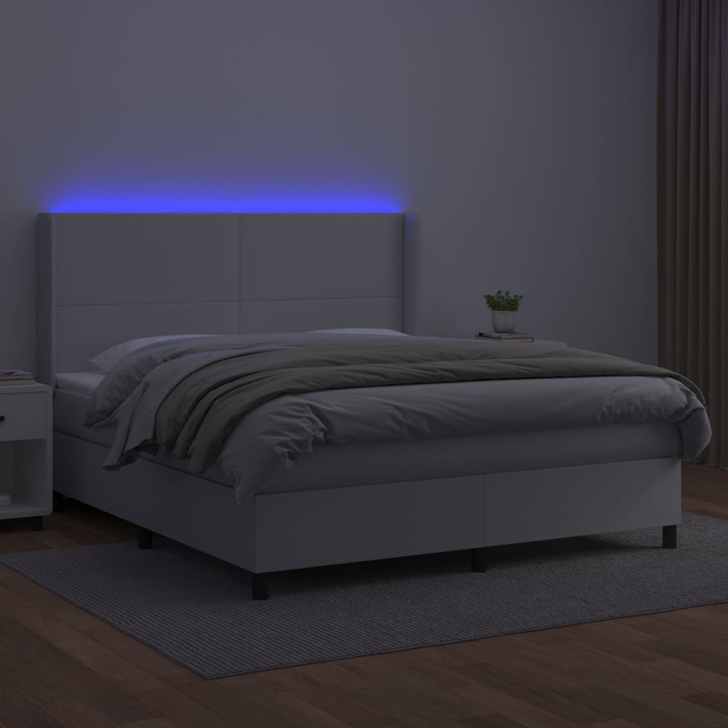 Κρεβάτι Boxspring με Στρώμα & LED Λευκό 180x200 εκ. Συνθ. Δέρμα