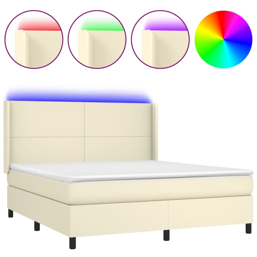 Κρεβάτι Boxspring με Στρώμα & LED Κρεμ 180x200 εκ. Συνθ. Δέρμα - Pakobazaar