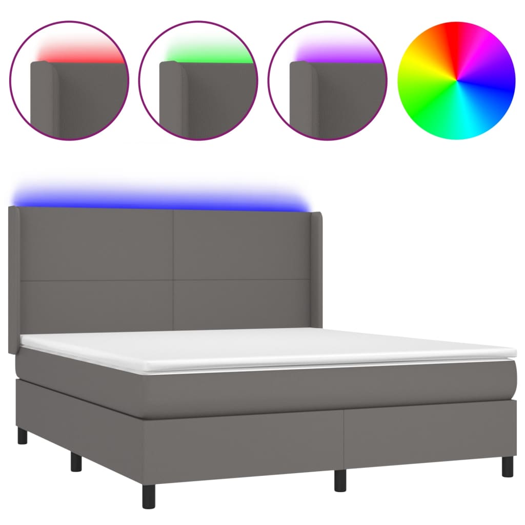 Κρεβάτι Boxspring με Στρώμα & LED Γκρι 180x200 εκ. Συνθ. Δέρμα