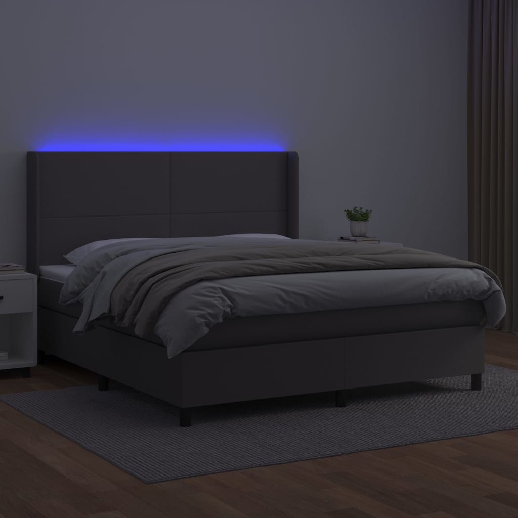 Κρεβάτι Boxspring με Στρώμα & LED Γκρι 180x200 εκ. Συνθ. Δέρμα