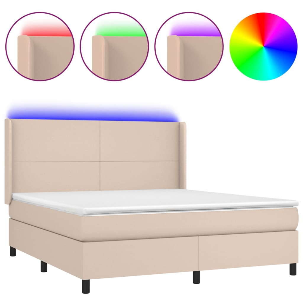 Κρεβάτι Boxspring Στρώμα&LED Καπουτσίνο 180x200 εκ. Συνθ. Δέρμα - Pakobazaar