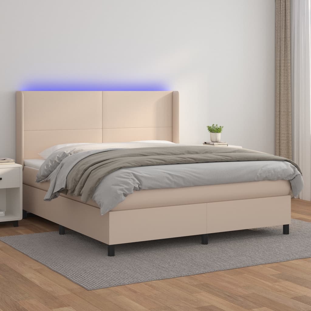 Κρεβάτι Boxspring Στρώμα&LED Καπουτσίνο 180x200 εκ. Συνθ. Δέρμα - Pakobazaar