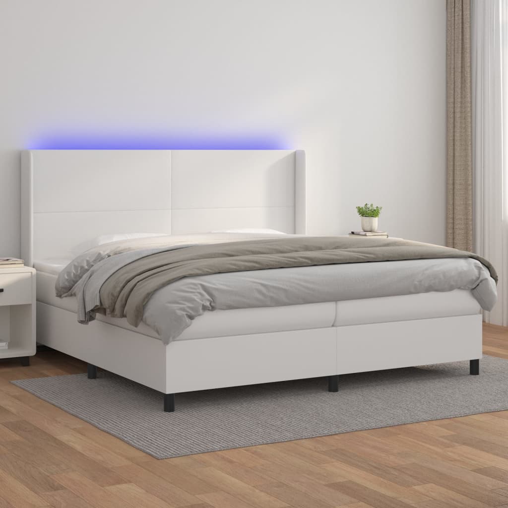 Κρεβάτι Boxspring με Στρώμα & LED Λευκό 200x200 εκ. Συνθ. Δέρμα