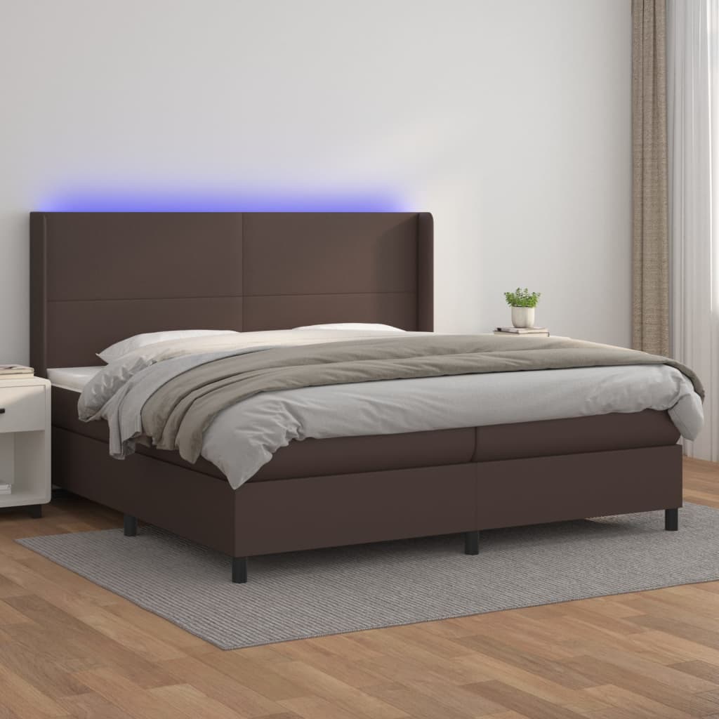 Κρεβάτι Boxspring με Στρώμα & LED Καφέ 200x200 εκ. Συνθ. Δέρμα - Pakobazaar