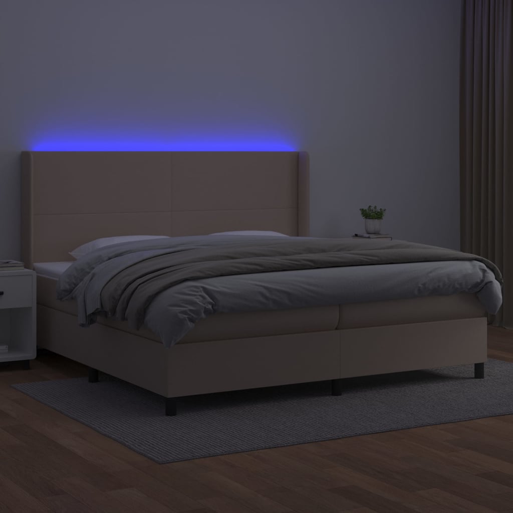 Κρεβάτι Boxspring Στρώμα&LED Καπουτσίνο 200x200 εκ. Συνθ. Δέρμα