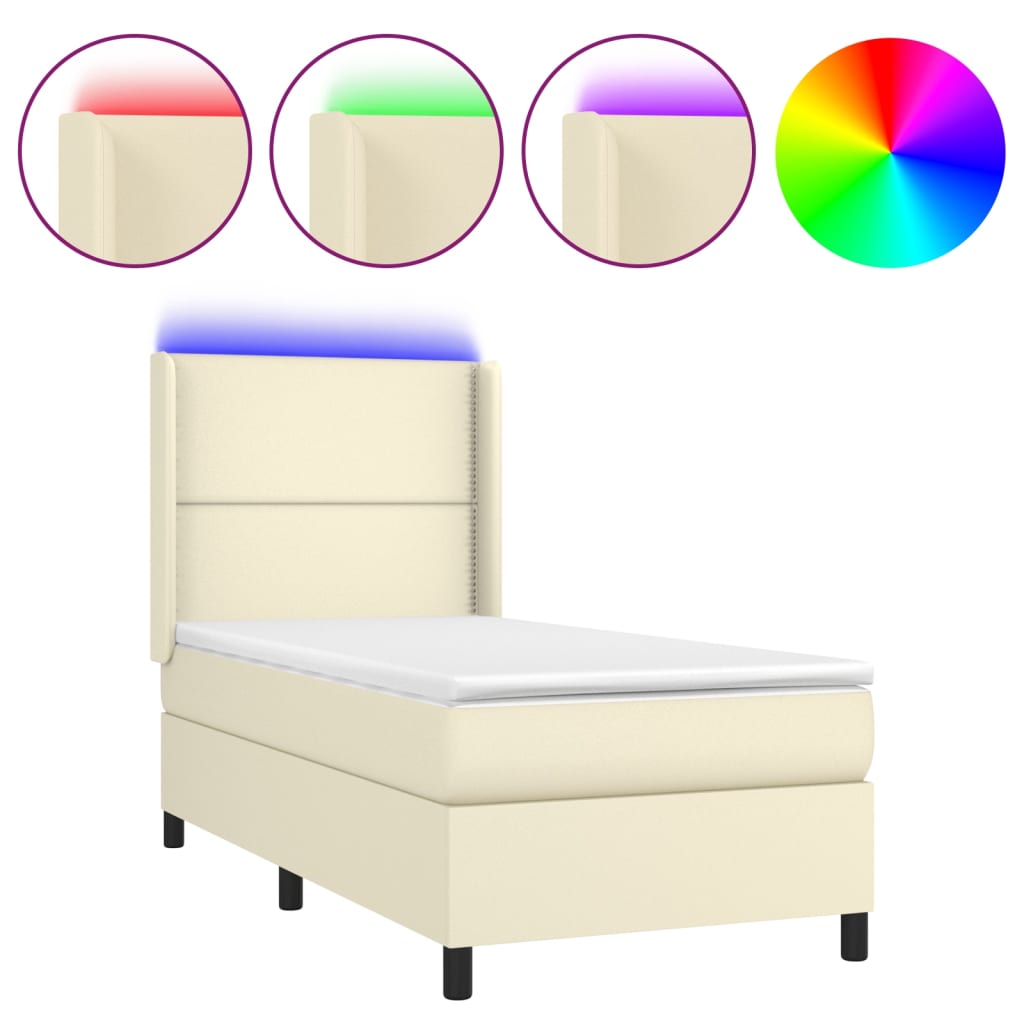 Κρεβάτι Boxspring με Στρώμα & LED Κρεμ 80x200 εκ. Συνθ. Δέρμα