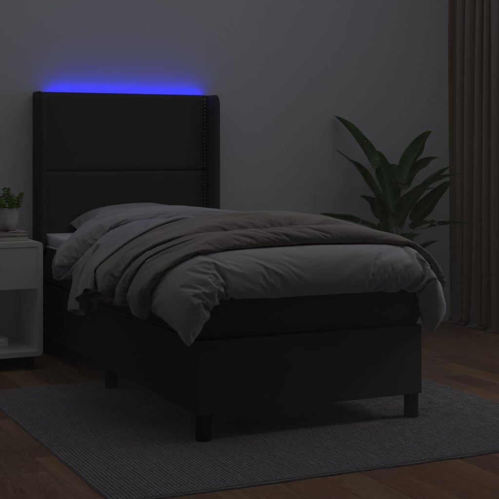 Κρεβάτι Boxspring με Στρώμα & LED Μαύρο 90x190 εκ. Συνθ. Δέρμα