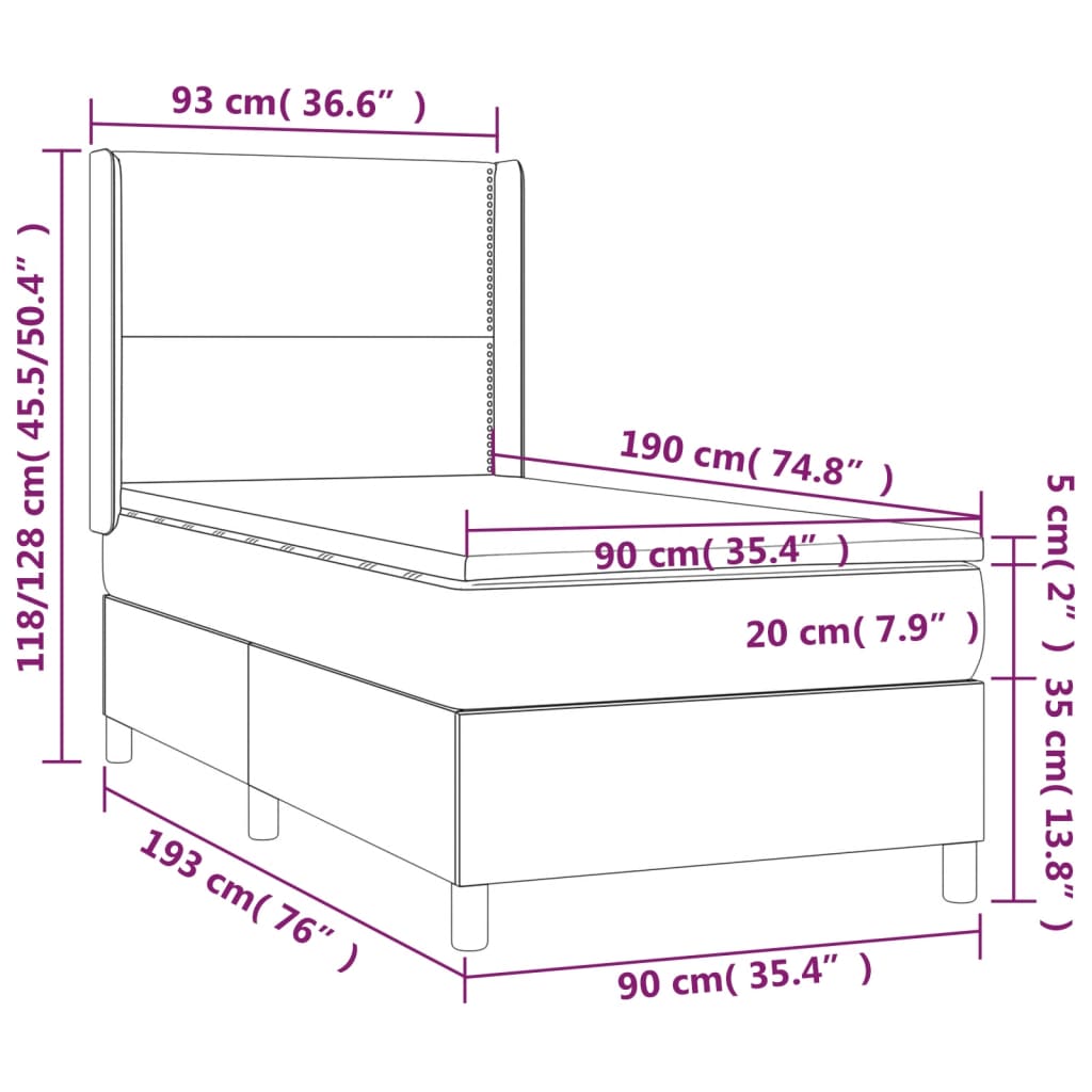 Κρεβάτι Boxspring με Στρώμα & LED Λευκό 90x190 εκ. Συνθ. Δέρμα
