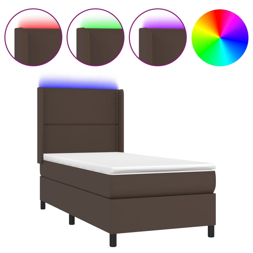 Κρεβάτι Boxspring με Στρώμα & LED Καφέ 90x190 εκ. Συνθ. Δέρμα