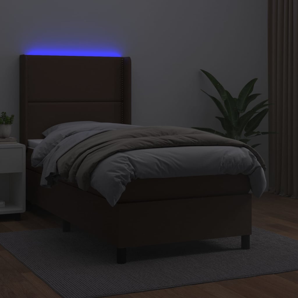Κρεβάτι Boxspring με Στρώμα & LED Καφέ 90x190 εκ. Συνθ. Δέρμα
