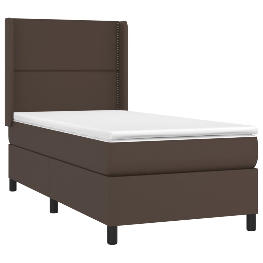 Κρεβάτι Boxspring με Στρώμα & LED Καφέ 90x190 εκ. Συνθ. Δέρμα