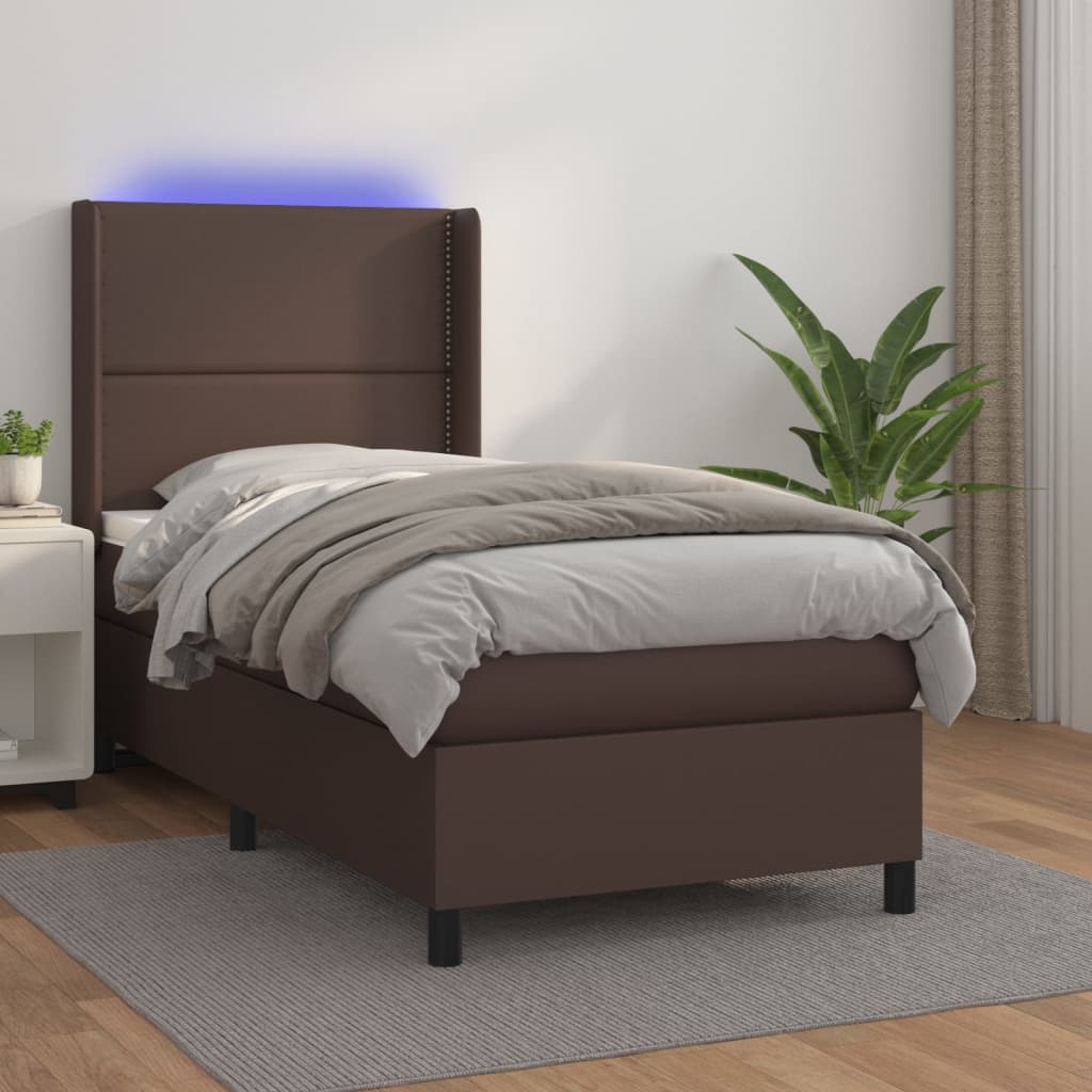 Κρεβάτι Boxspring με Στρώμα & LED Καφέ 90x190 εκ. Συνθ. Δέρμα