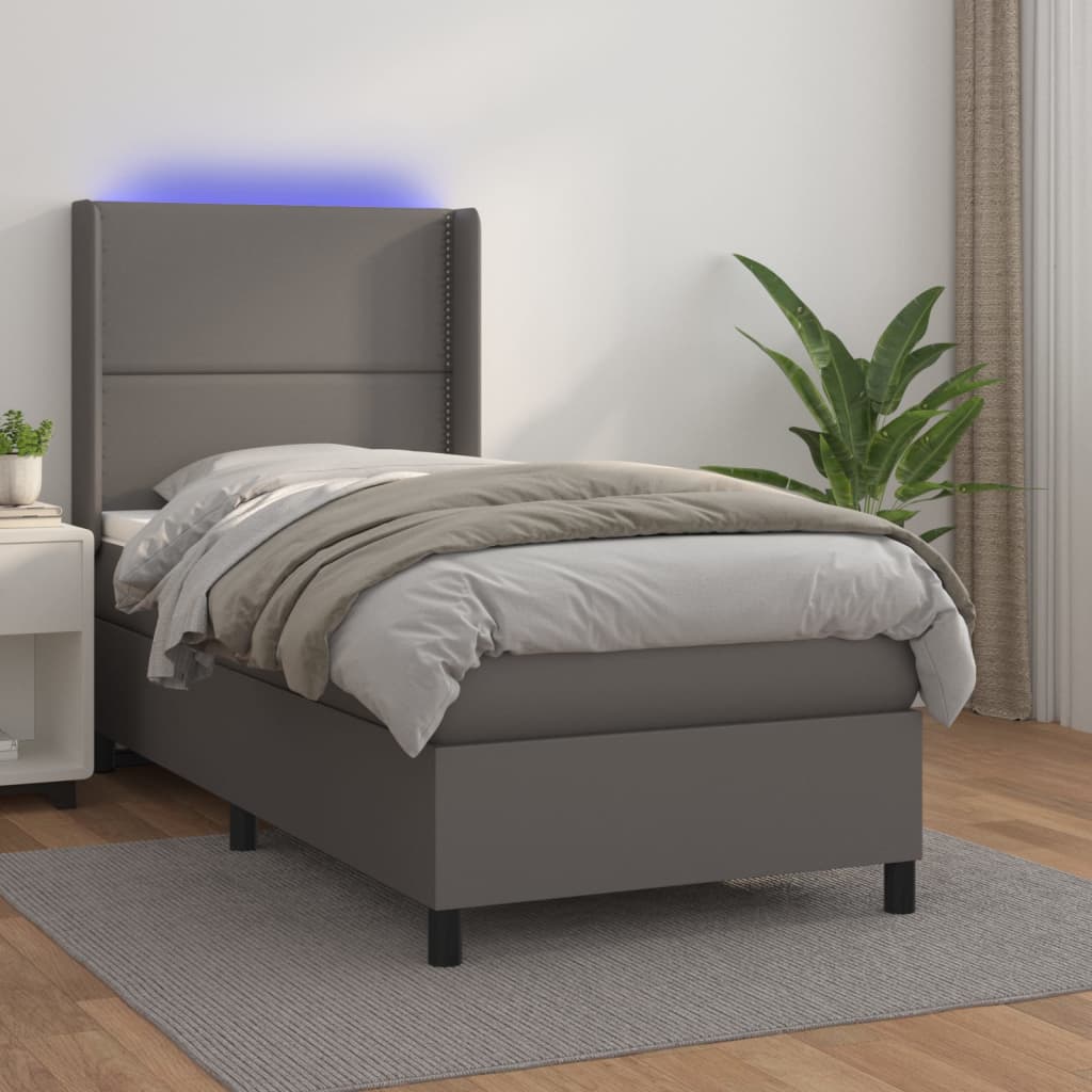 Κρεβάτι Boxspring με Στρώμα & LED Γκρι 90x190 εκ. Συνθ. Δέρμα