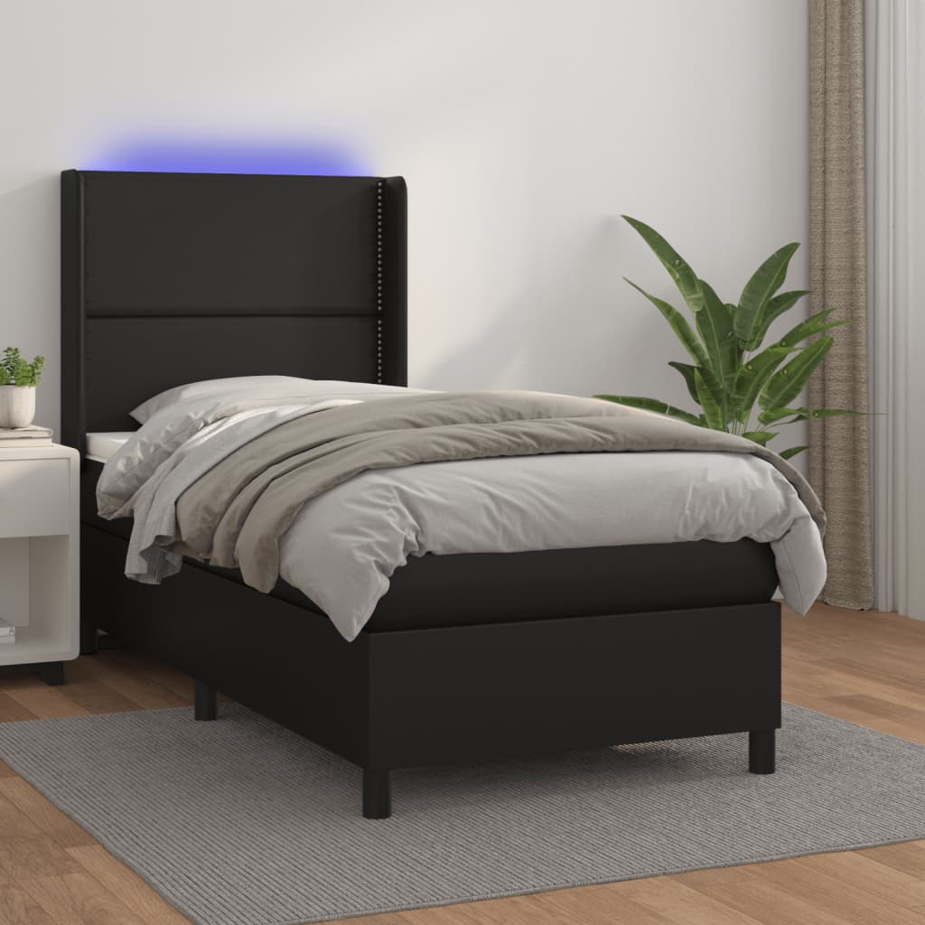 Κρεβάτι Boxspring με Στρώμα & LED Μαύρο 90x200 εκ. Συνθ. Δέρμα