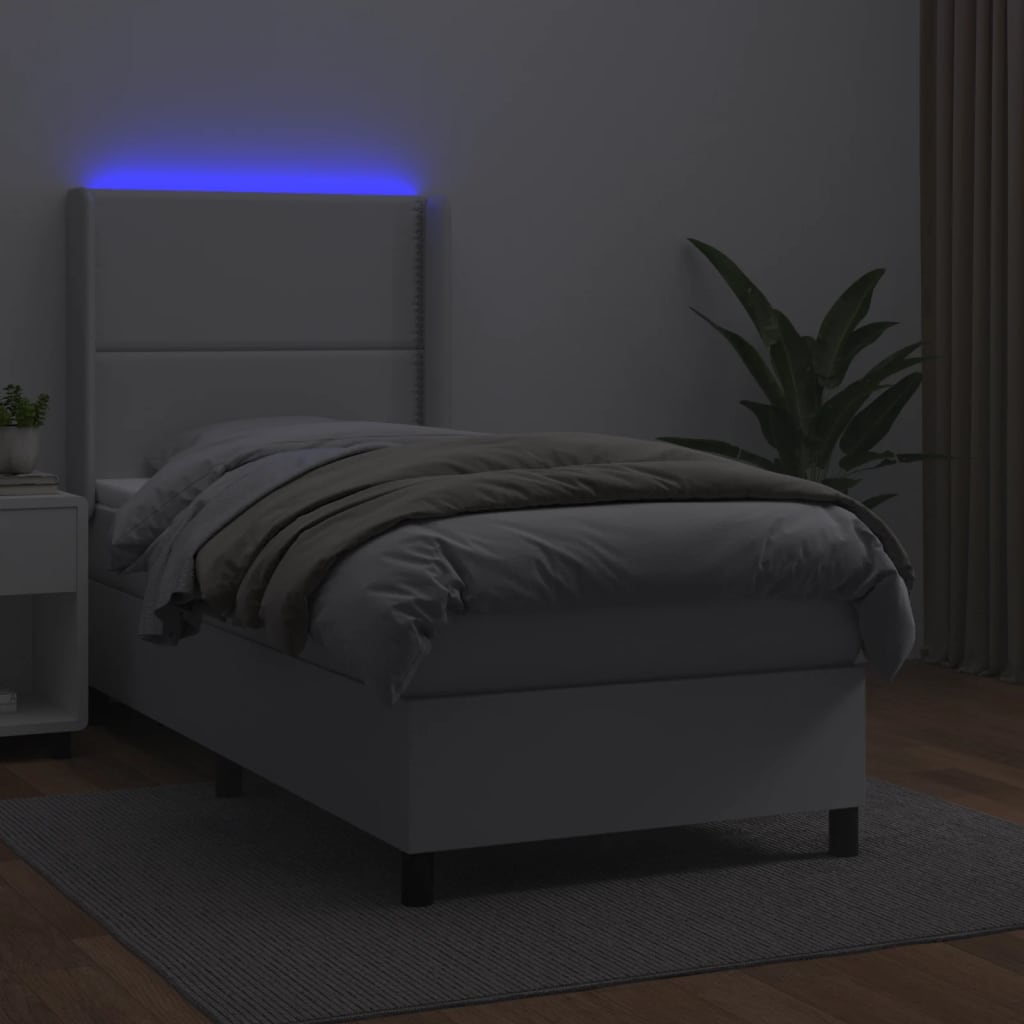 Κρεβάτι Boxspring με Στρώμα & LED Λευκό 90x200 εκ. Συνθ. Δέρμα
