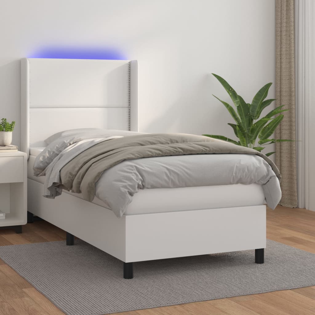 Κρεβάτι Boxspring με Στρώμα & LED Λευκό 90x200 εκ. Συνθ. Δέρμα
