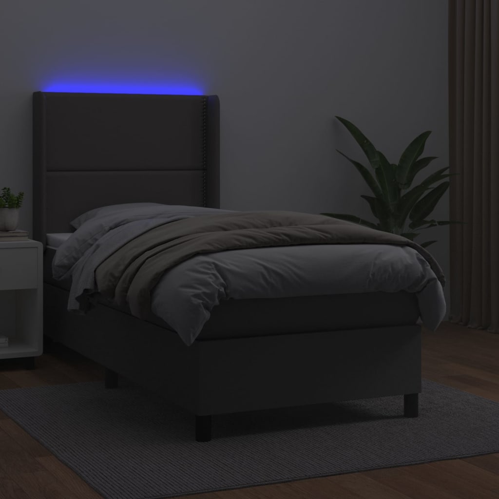 Κρεβάτι Boxspring με Στρώμα & LED Γκρι 90x200 εκ. Συνθ. Δέρμα
