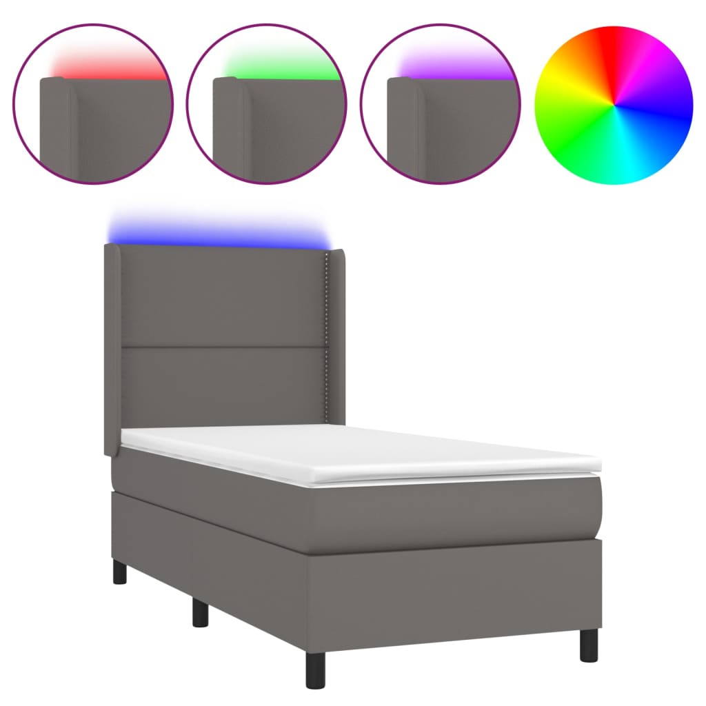 Κρεβάτι Boxspring με Στρώμα & LED Γκρι 100x200 εκ. Συνθ. Δέρμα