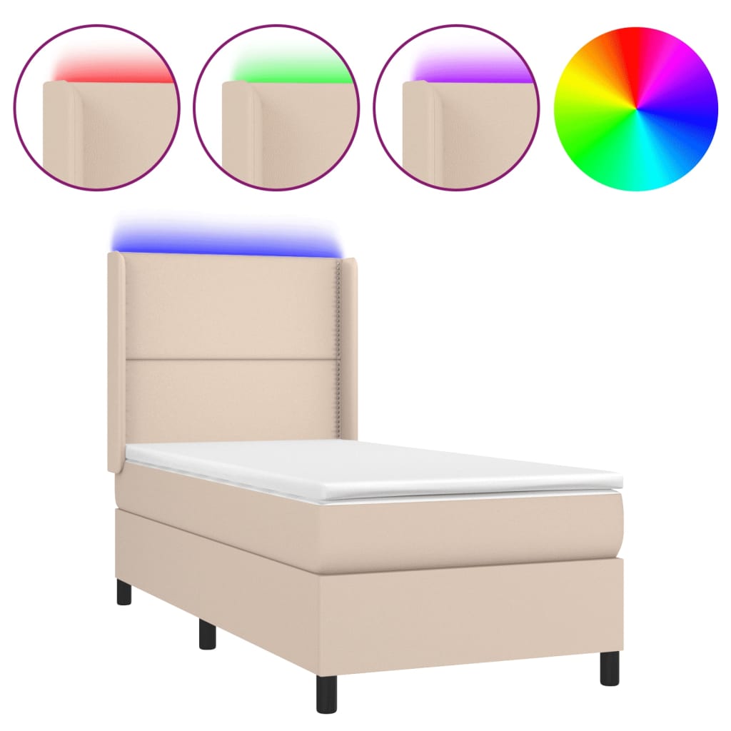 Κρεβάτι Boxspring Στρώμα&LED Καπουτσίνο 100x200 εκ. Συνθ. Δέρμα