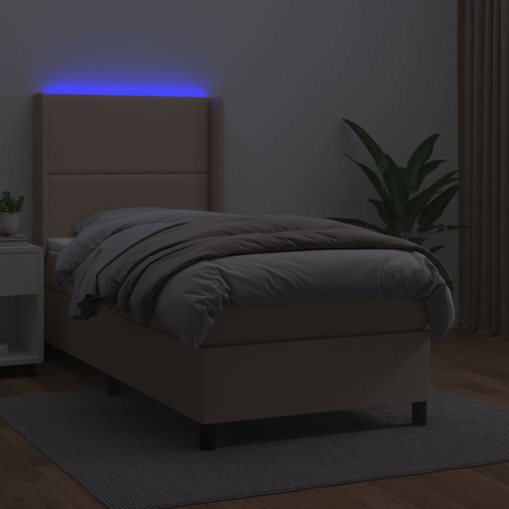 Κρεβάτι Boxspring Στρώμα&LED Καπουτσίνο 100x200 εκ. Συνθ. Δέρμα