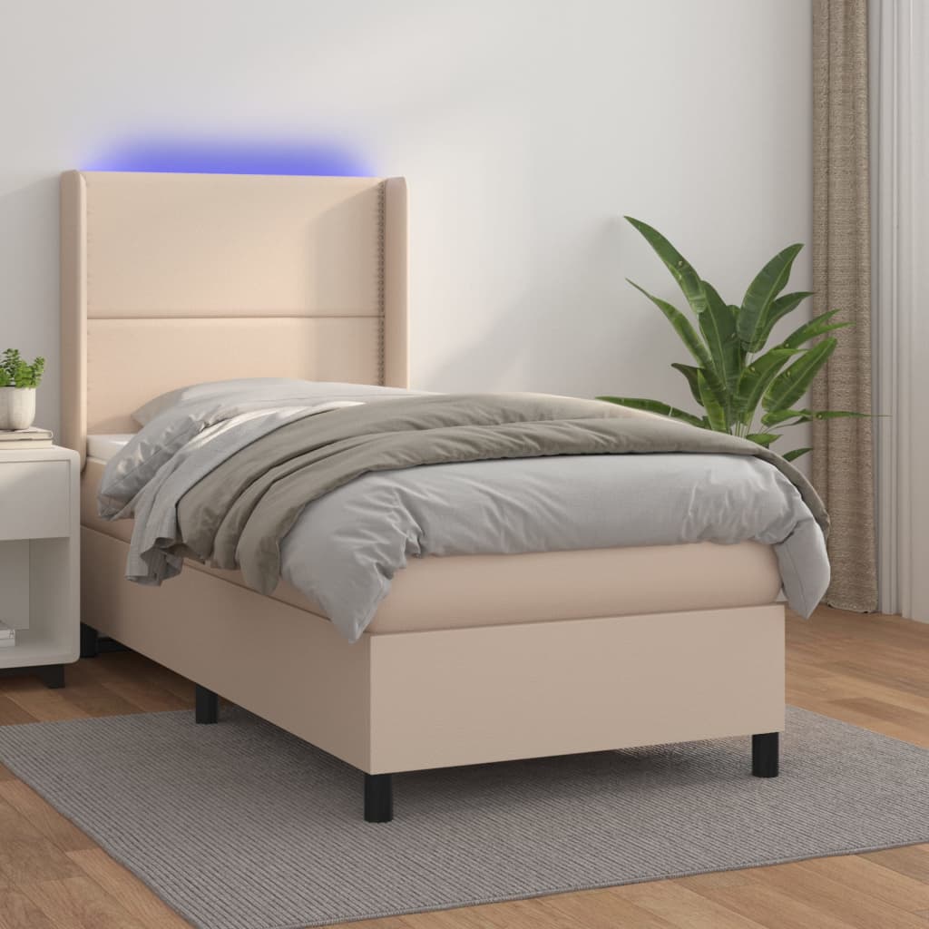 Κρεβάτι Boxspring Στρώμα&LED Καπουτσίνο 100x200 εκ. Συνθ. Δέρμα