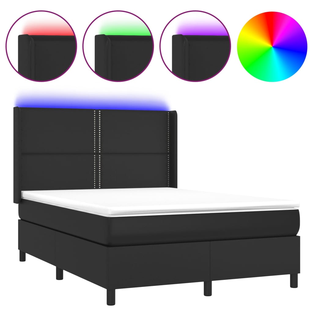 Κρεβάτι Boxspring με Στρώμα & LED Μαύρο 140x190 εκ. Συνθ. Δέρμα