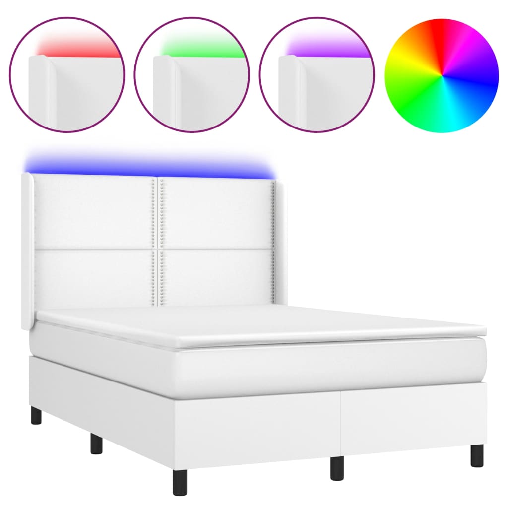 Κρεβάτι Boxspring με Στρώμα & LED Λευκό 140x190 εκ. Συνθ. Δέρμα