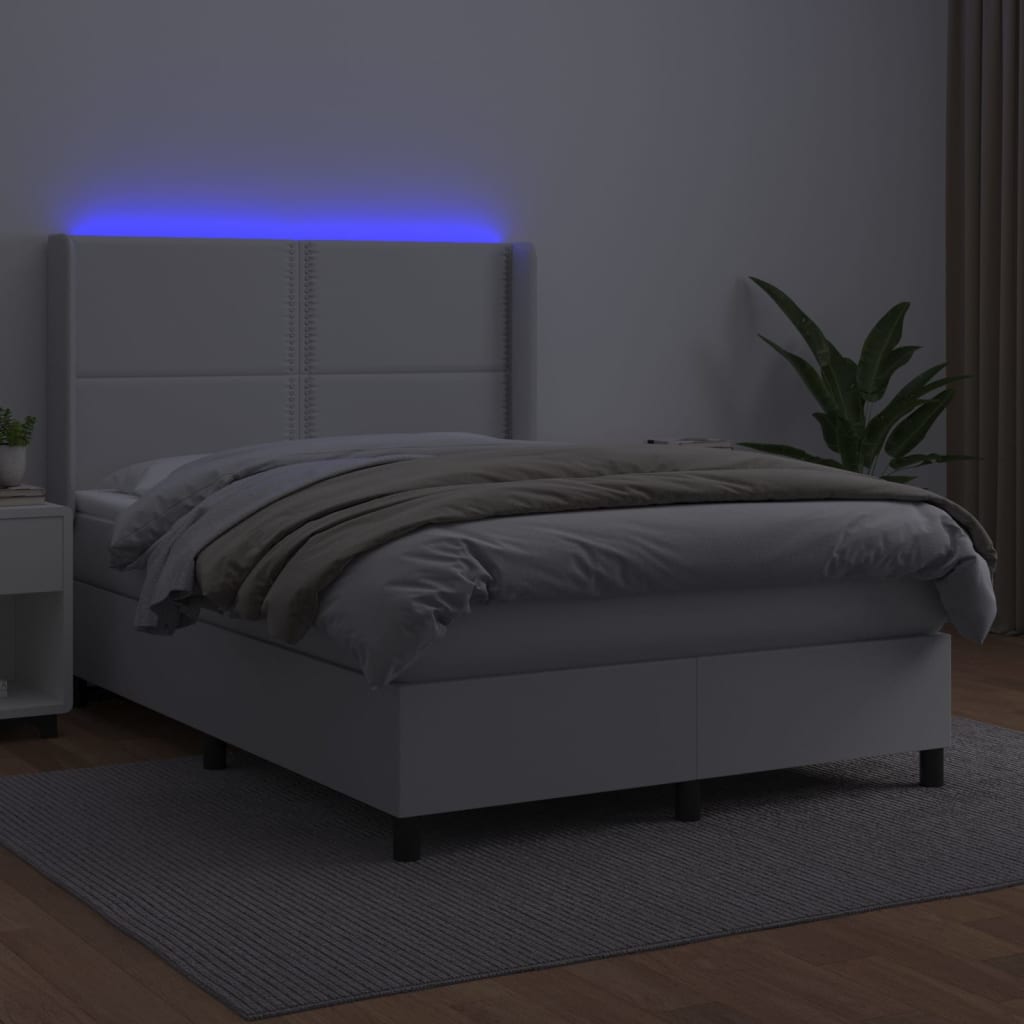 Κρεβάτι Boxspring με Στρώμα & LED Λευκό 140x190 εκ. Συνθ. Δέρμα