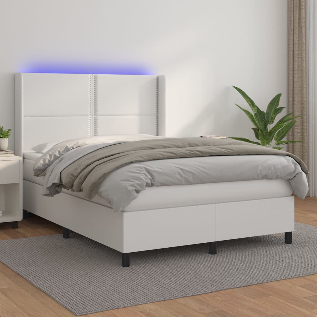 Κρεβάτι Boxspring με Στρώμα & LED Λευκό 140x190 εκ. Συνθ. Δέρμα
