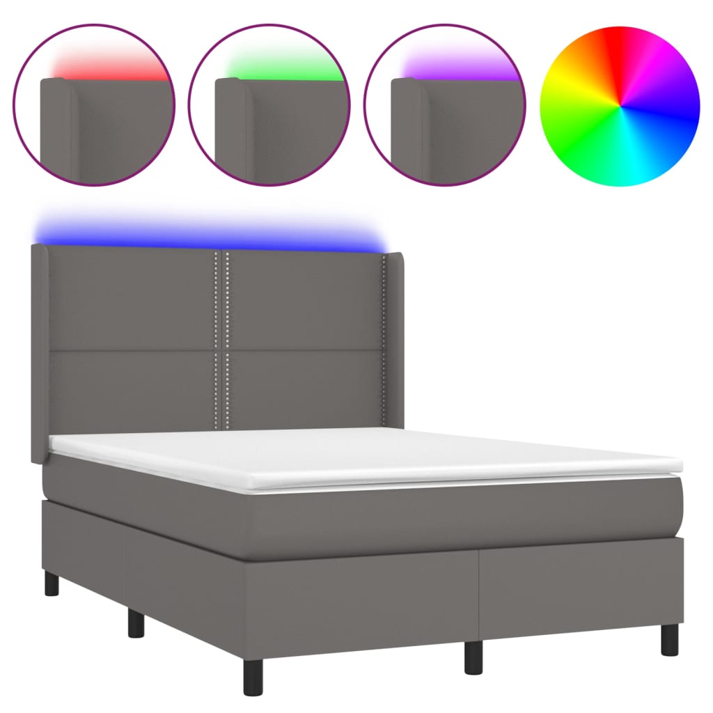 Κρεβάτι Boxspring με Στρώμα & LED Γκρι 140x190 εκ. Συνθ. Δέρμα