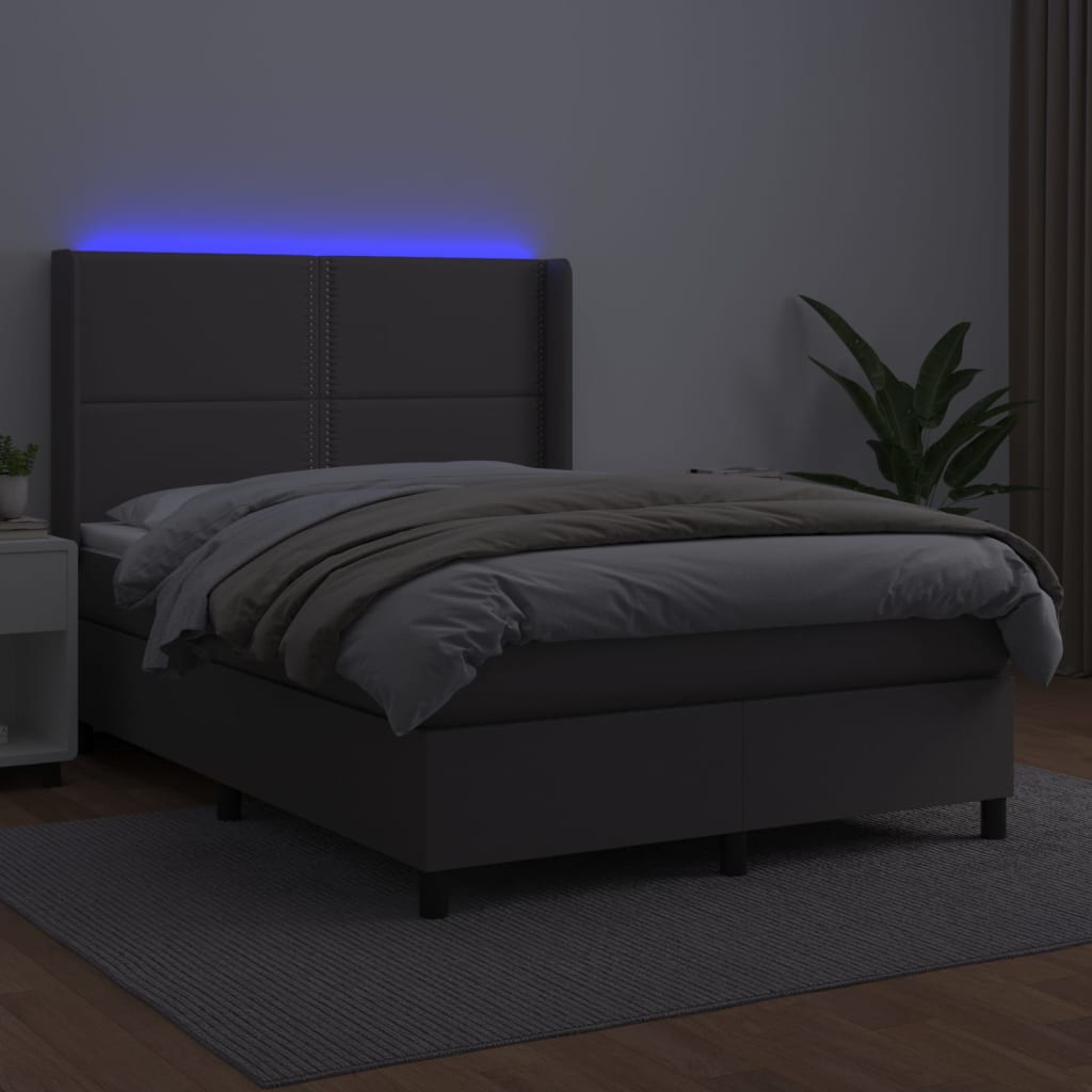 Κρεβάτι Boxspring με Στρώμα & LED Γκρι 140x190 εκ. Συνθ. Δέρμα