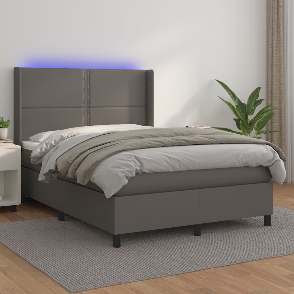 Κρεβάτι Boxspring με Στρώμα & LED Γκρι 140x190 εκ. Συνθ. Δέρμα