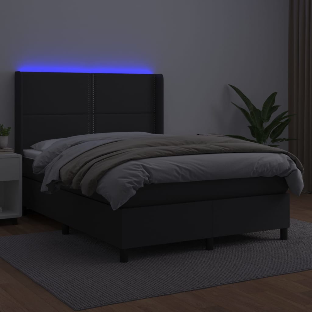 Κρεβάτι Boxspring με Στρώμα & LED Μαύρο 140x200 εκ. Συνθ. Δέρμα