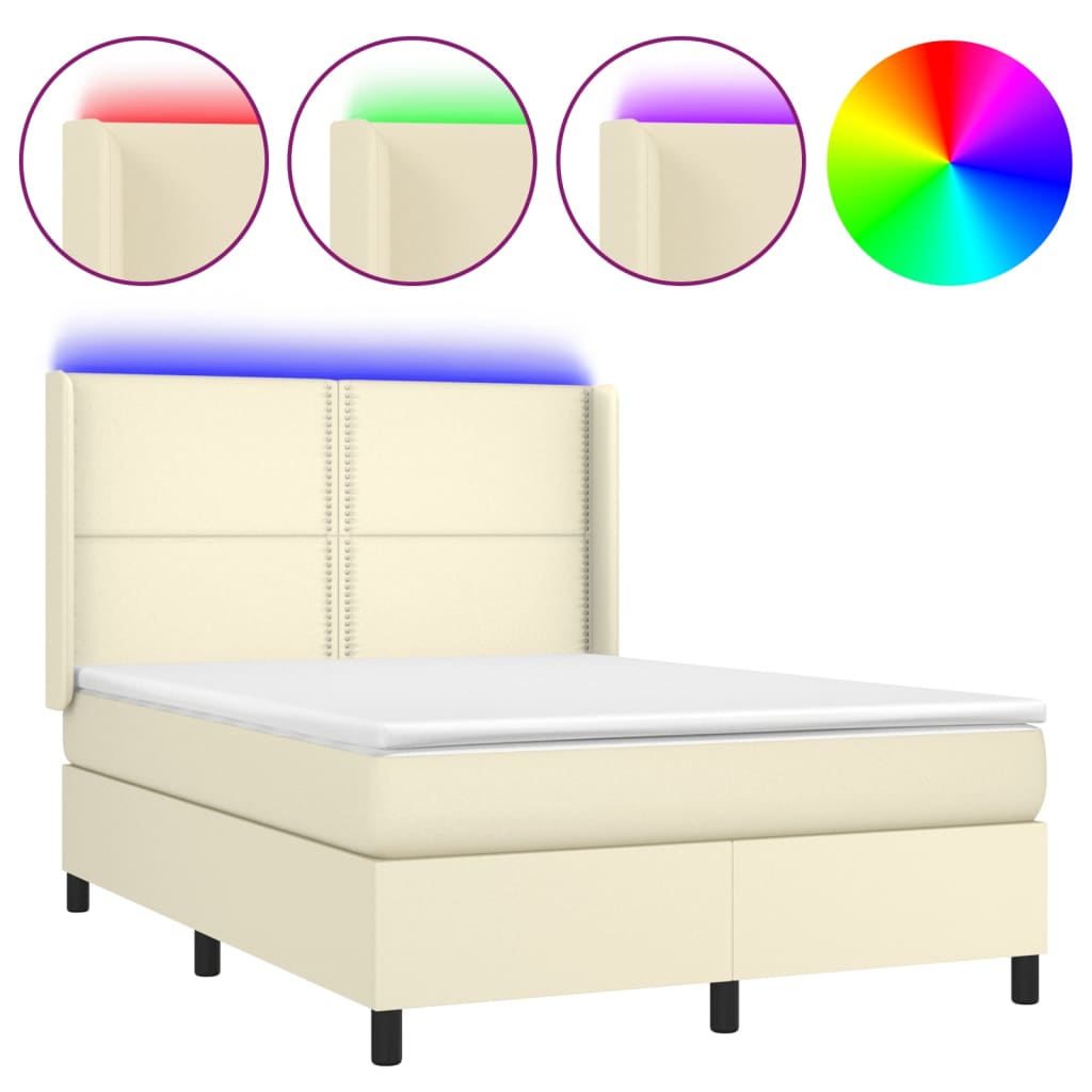 Κρεβάτι Boxspring με Στρώμα & LED Κρεμ 140x200 εκ. Συνθ. Δέρμα