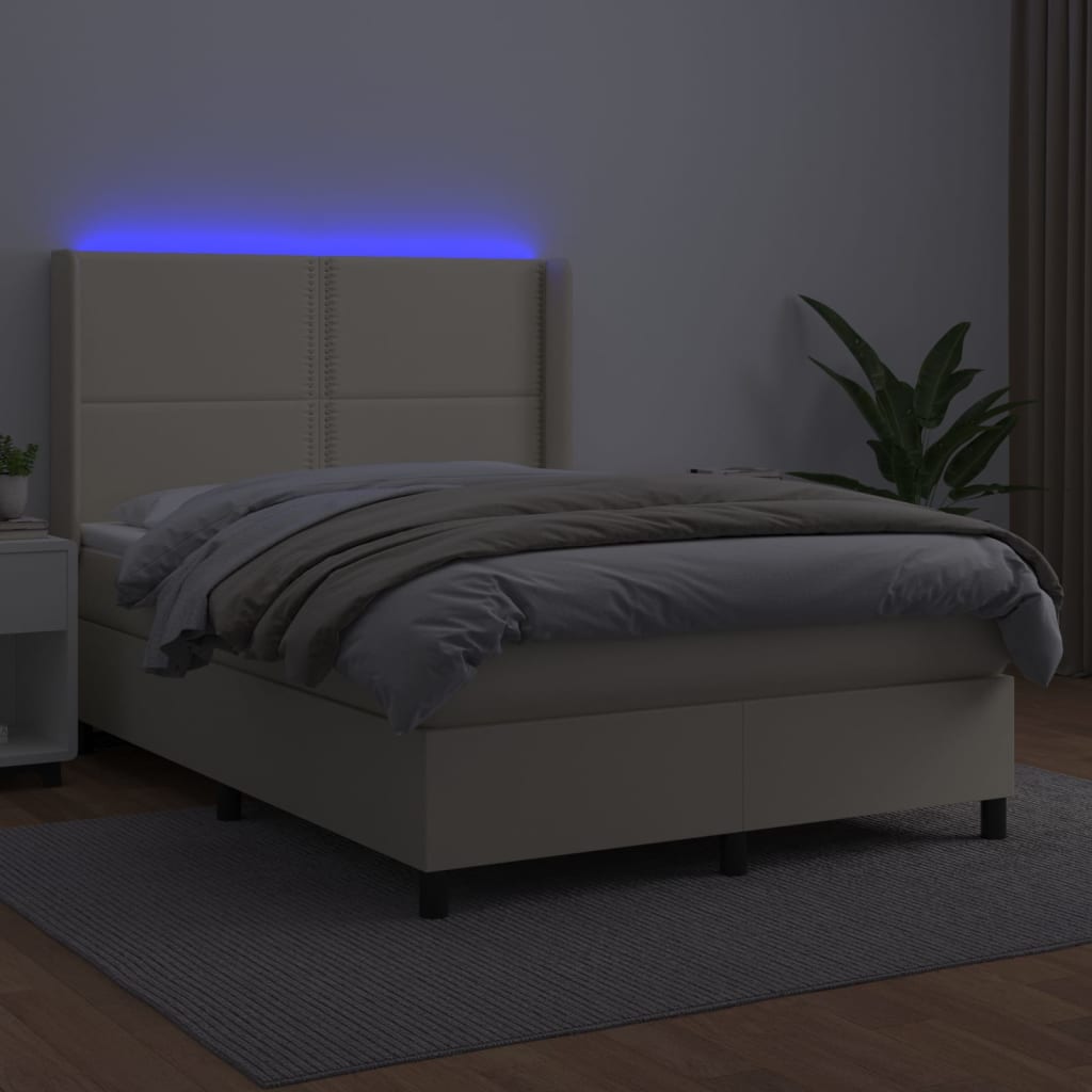 Κρεβάτι Boxspring με Στρώμα & LED Κρεμ 140x200 εκ. Συνθ. Δέρμα