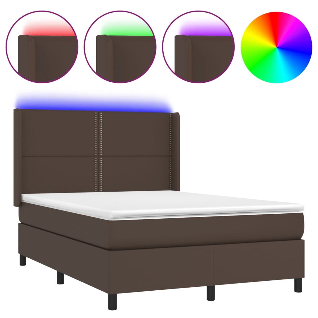 Κρεβάτι Boxspring με Στρώμα & LED Καφέ 140x200 εκ. Συνθ. Δέρμα - Pakobazaar