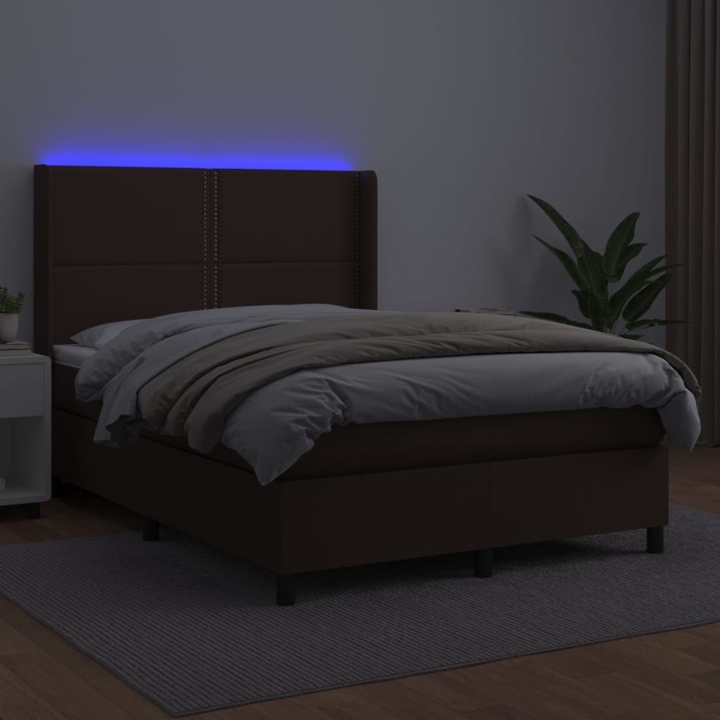 Κρεβάτι Boxspring με Στρώμα & LED Καφέ 140x200 εκ. Συνθ. Δέρμα - Pakobazaar