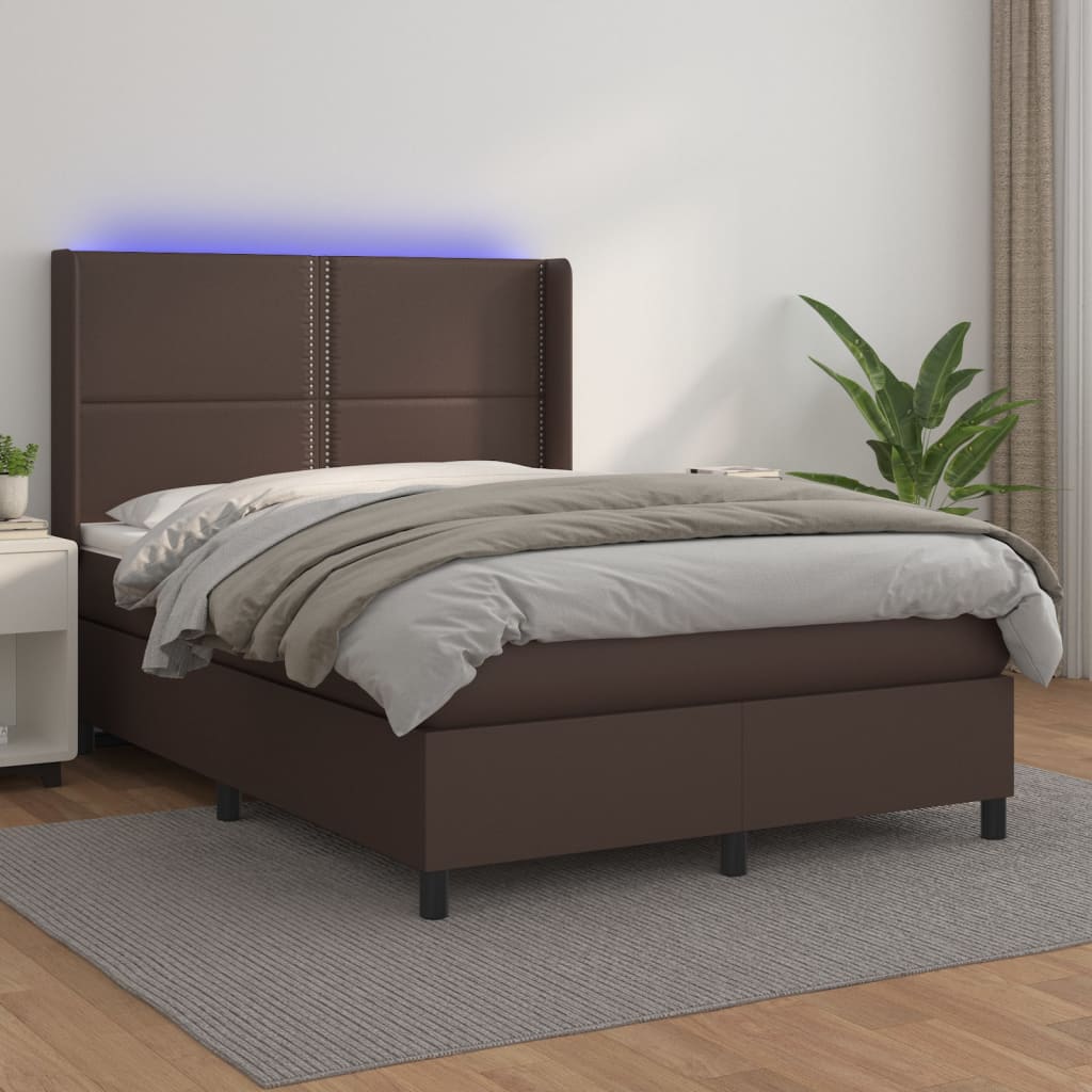 Κρεβάτι Boxspring με Στρώμα & LED Καφέ 140x200 εκ. Συνθ. Δέρμα - Pakobazaar