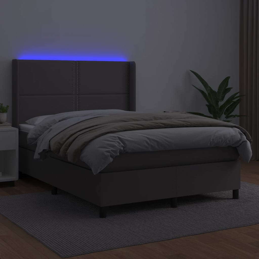 Κρεβάτι Boxspring με Στρώμα & LED Γκρι 140x200 εκ. Συνθ. Δέρμα