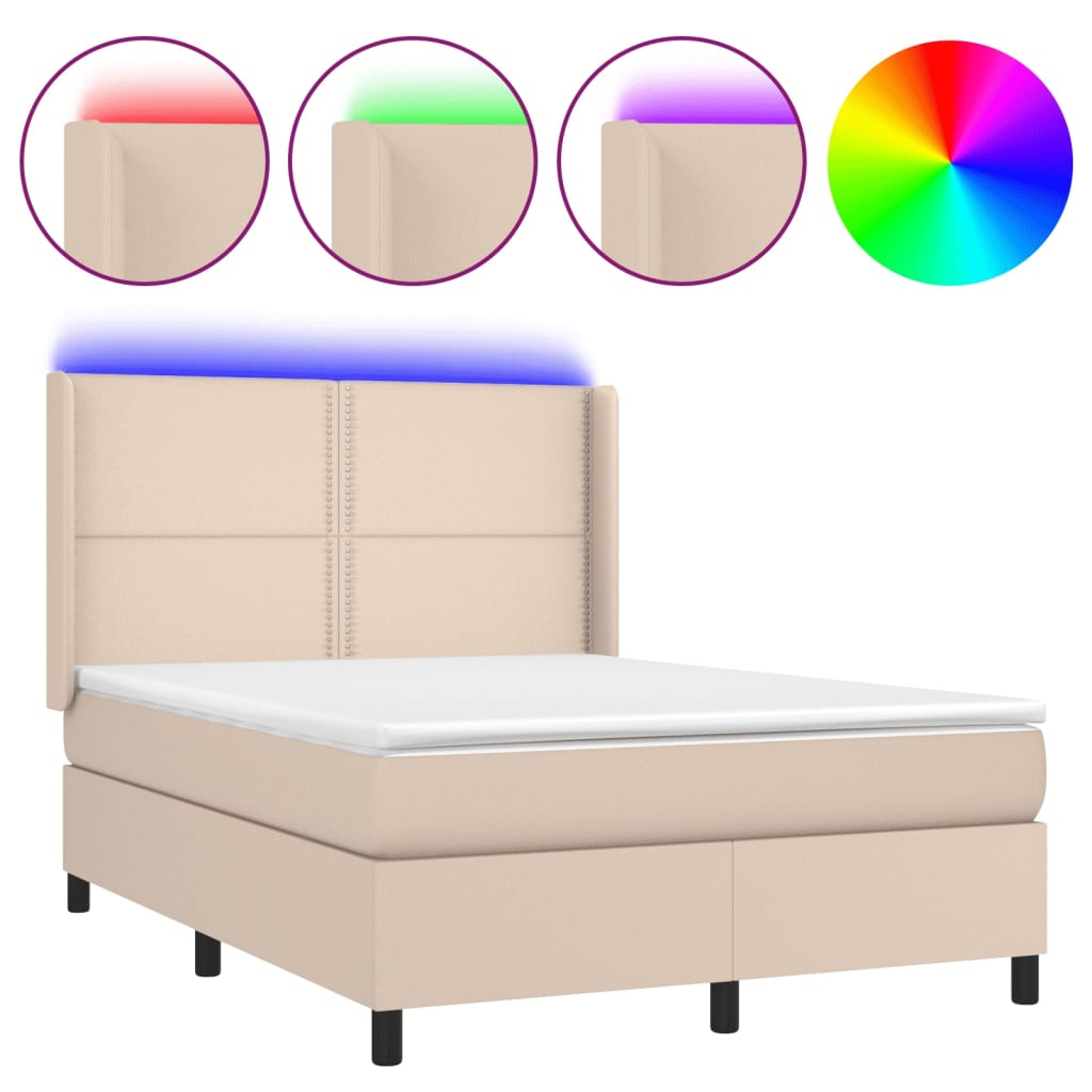 Κρεβάτι Boxspring Στρώμα&LED Καπουτσίνο 140x200 εκ. Συνθ. Δέρμα