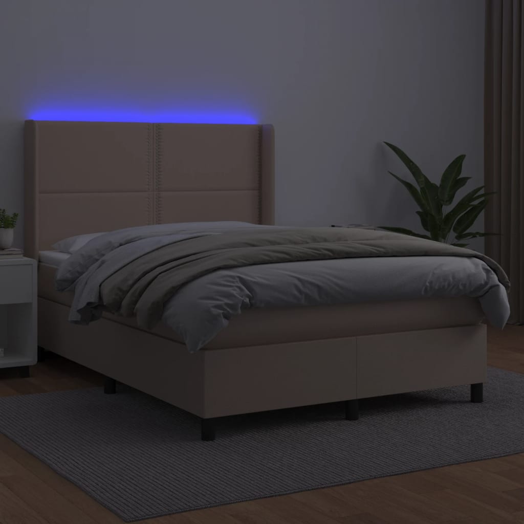 Κρεβάτι Boxspring Στρώμα&LED Καπουτσίνο 140x200 εκ. Συνθ. Δέρμα