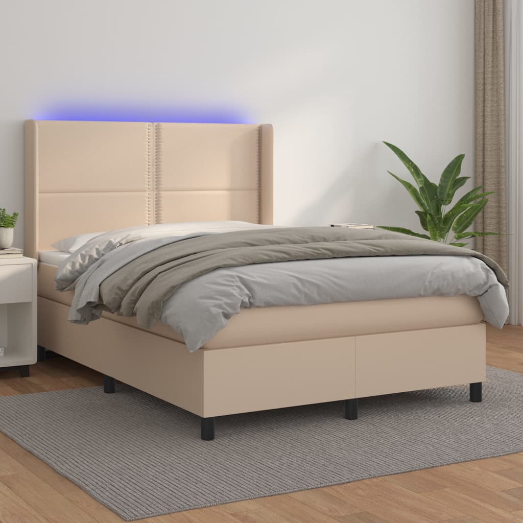 Κρεβάτι Boxspring Στρώμα&LED Καπουτσίνο 140x200 εκ. Συνθ. Δέρμα