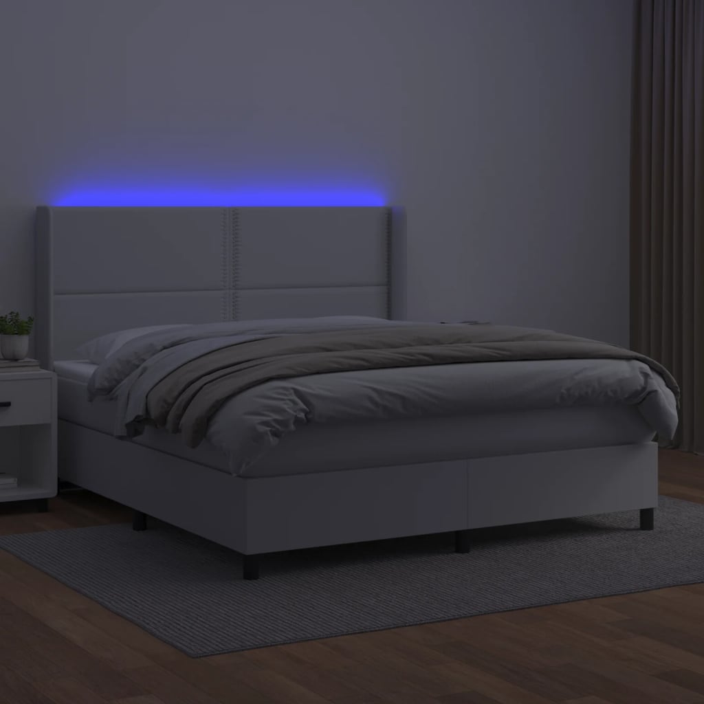 Κρεβάτι Boxspring με Στρώμα & LED Λευκό 160x200 εκ. Συνθ. Δέρμα